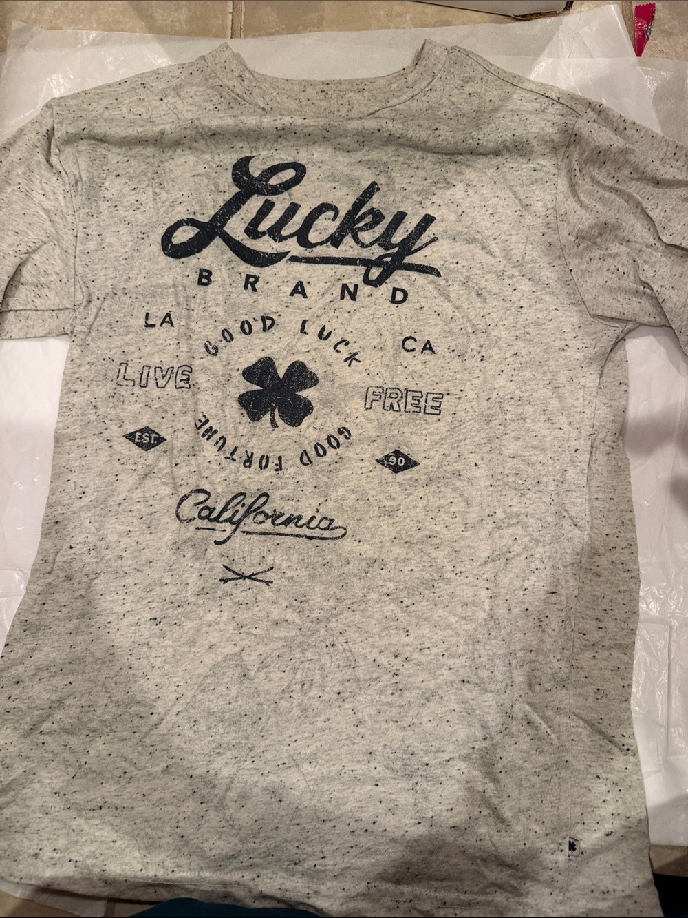 Lucky Brand Light Gray Speckled Tee with Navy Graphic